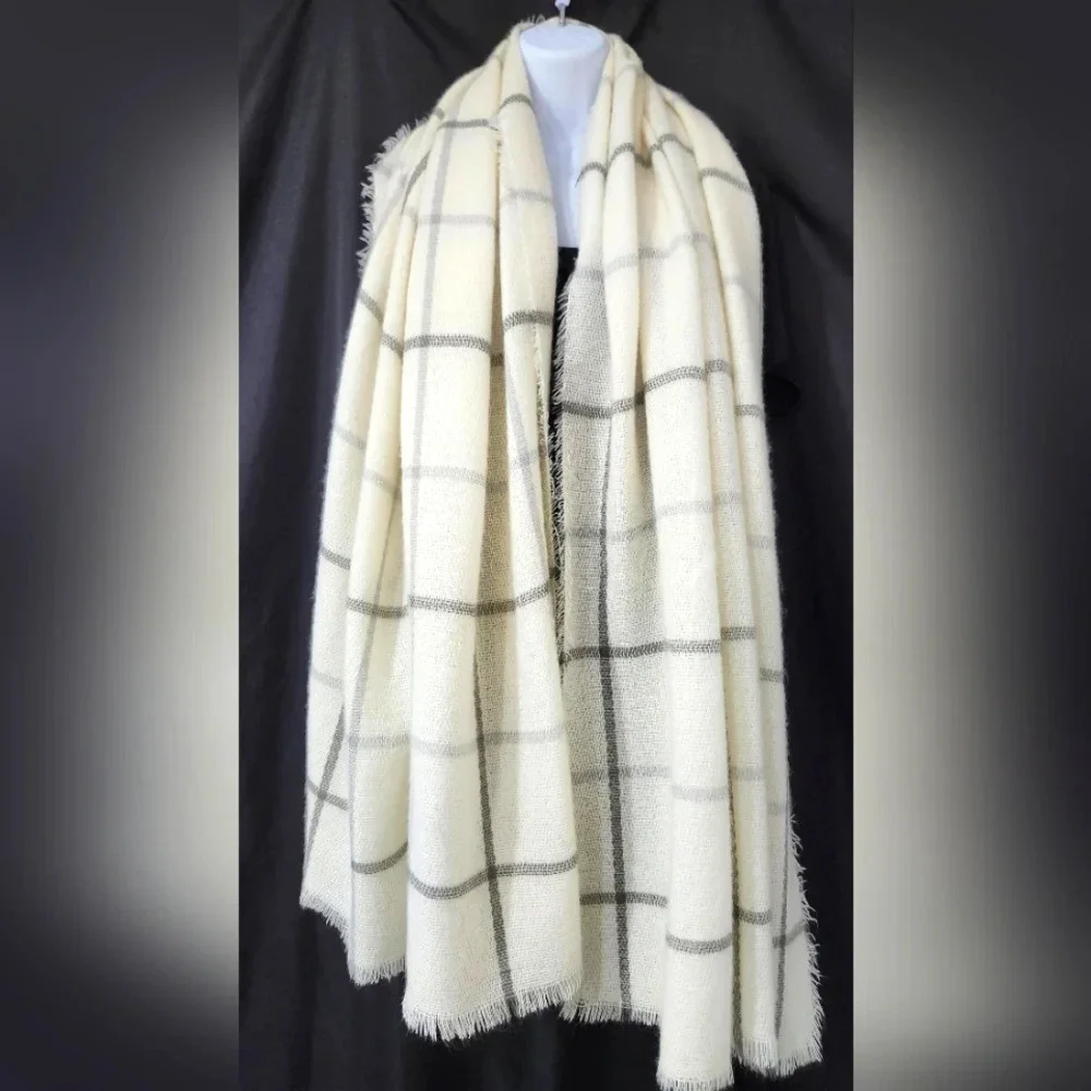 Ivory Gray Quiet Luxury Minimalist Knit Blanket Scarf Wrap Plaid Raw Edge